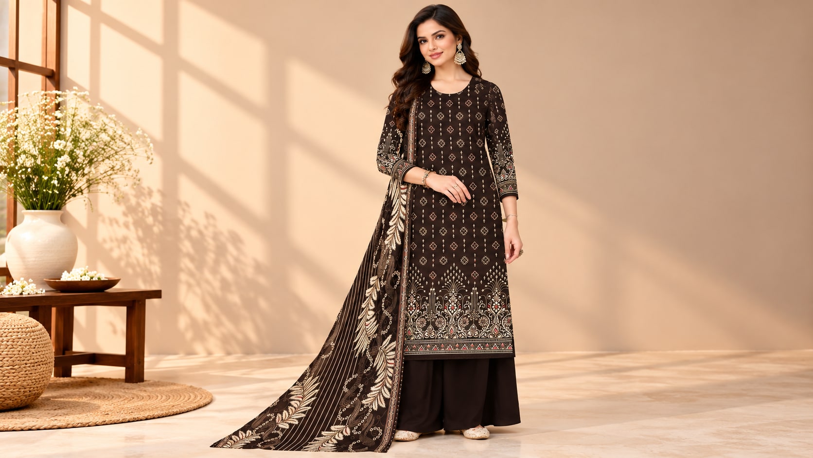 Model wearing the Dark Chocolate Elegance Printed Suit Set
