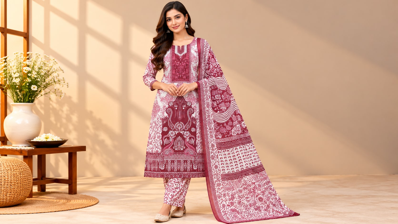 Model wearing the Deep Maroon Paisley Printed Suit Set