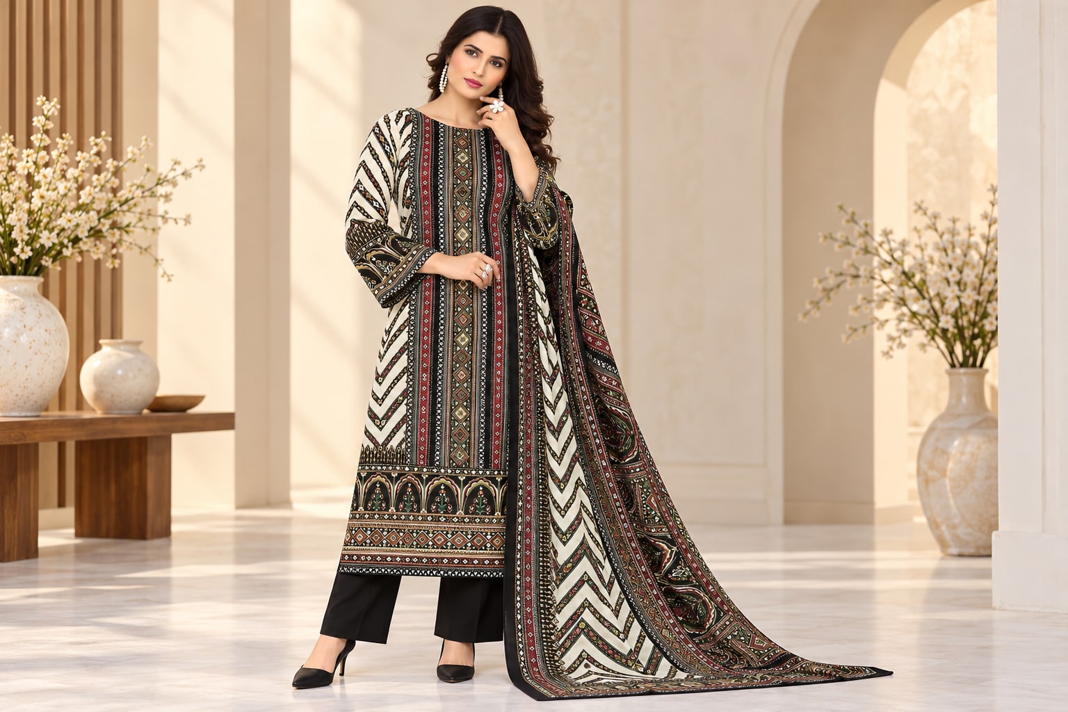Model wearing the Elegant Black Printed Ethnic Suit Set