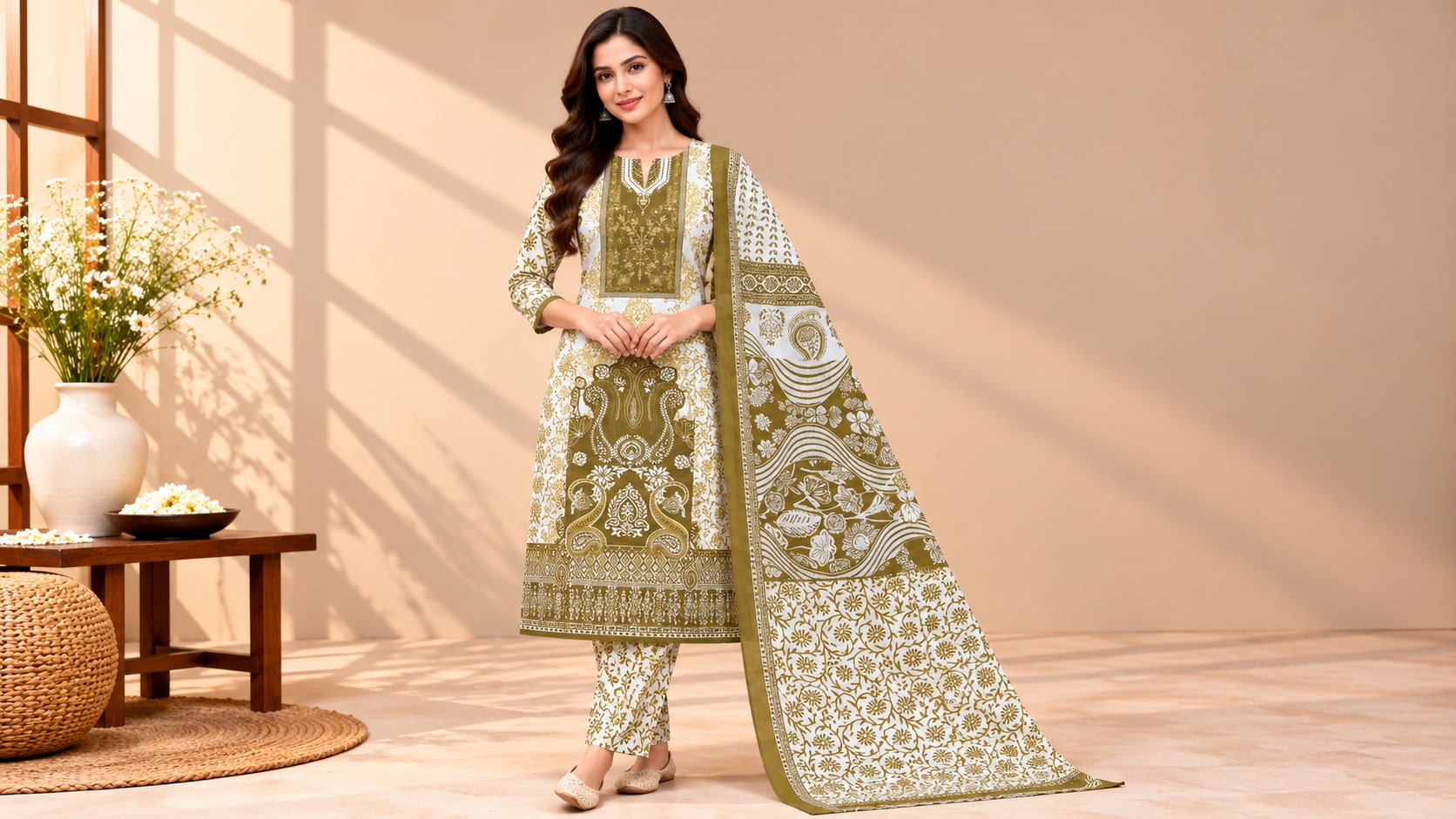 Model wearing the Olive Paisley Printed Suit Set