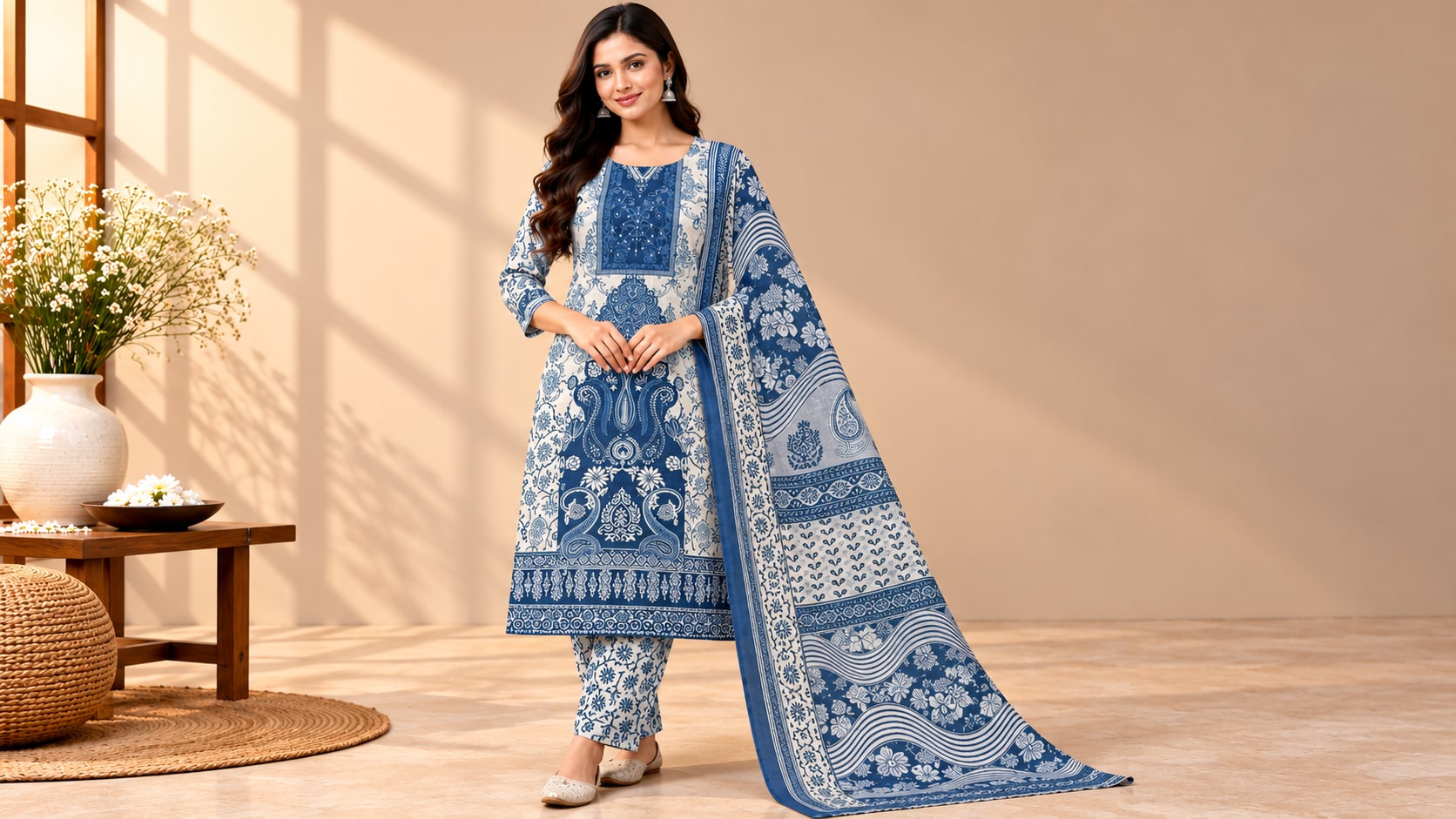 Model wearing the Royal Blue Paisley Printed Suit Set