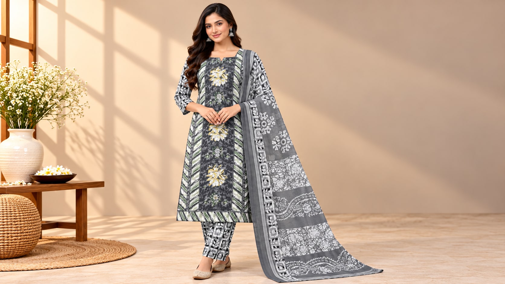 Model wearing the Charcoal Grey Bloom Floral Printed Suit Set