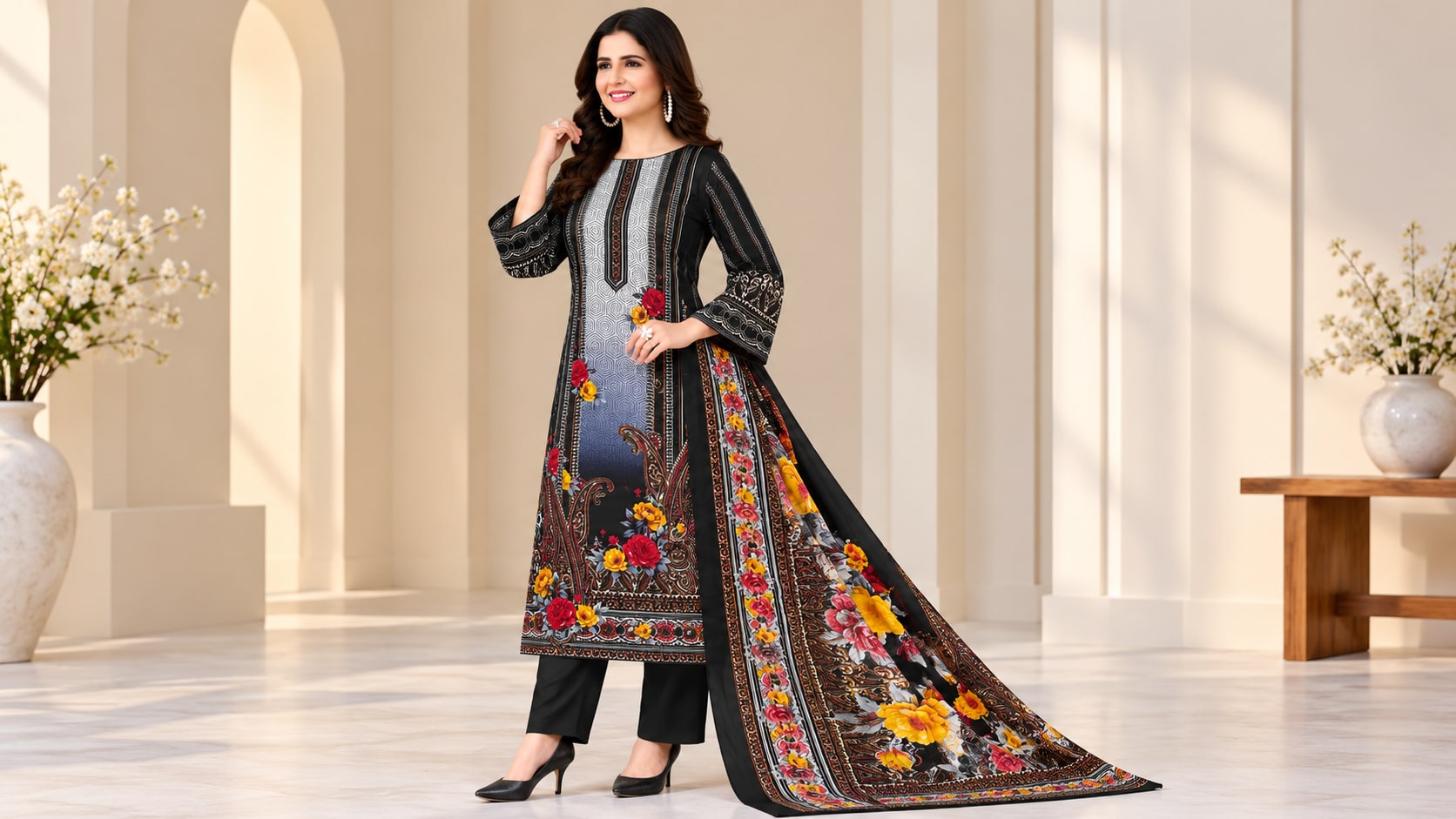 Model wearing the Elegant Black & Grey Floral Printed Salwar Suit