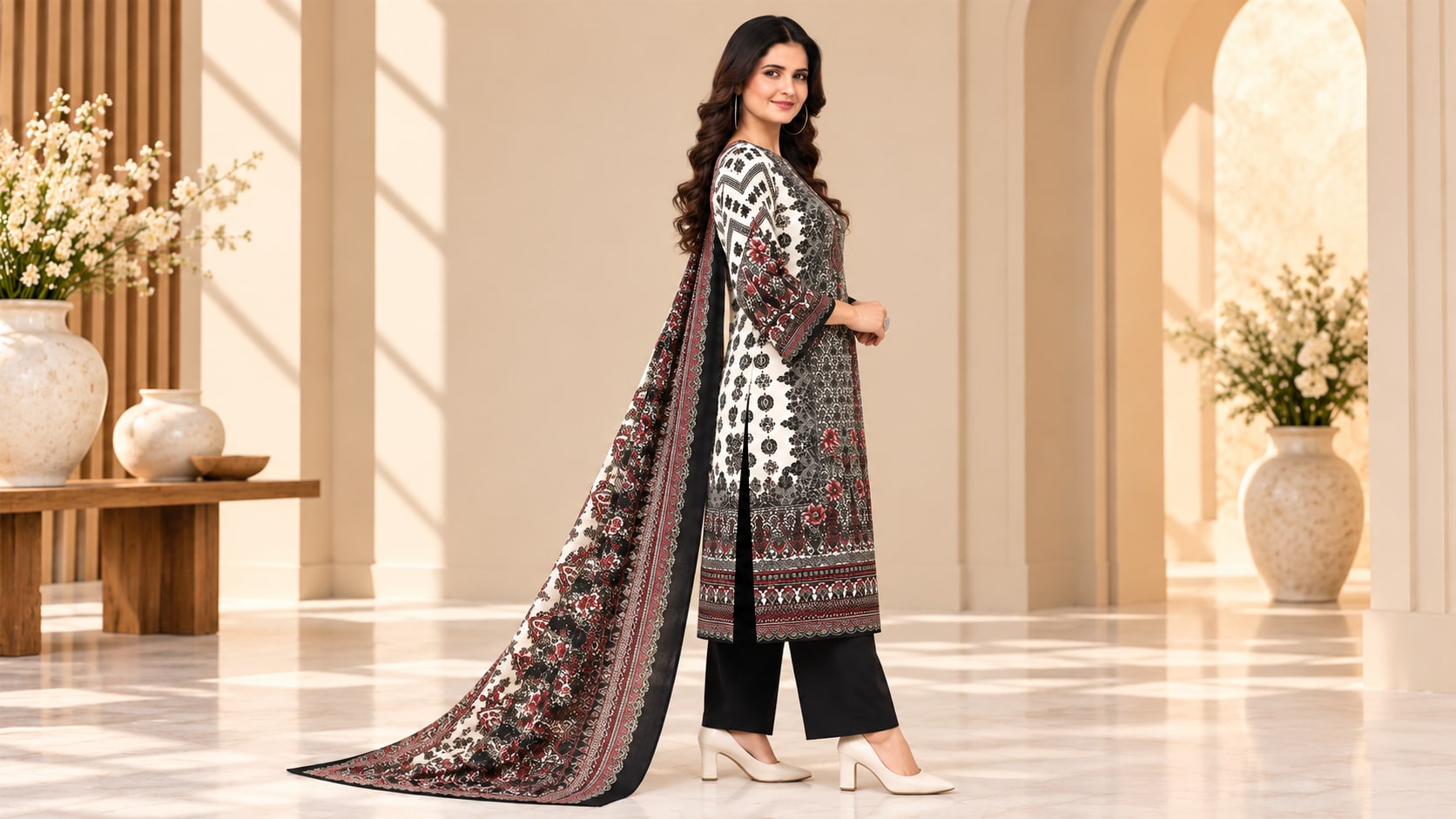 Model wearing the Elegant Black & Ivory Floral Printed Suit
