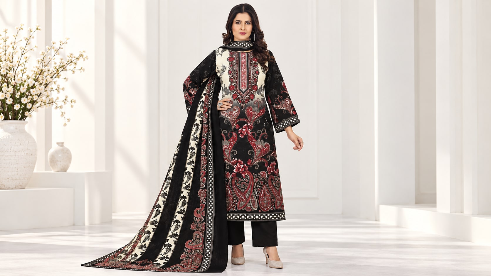Model wearing the Elegant Black & Ivory Printed Salwar Suit