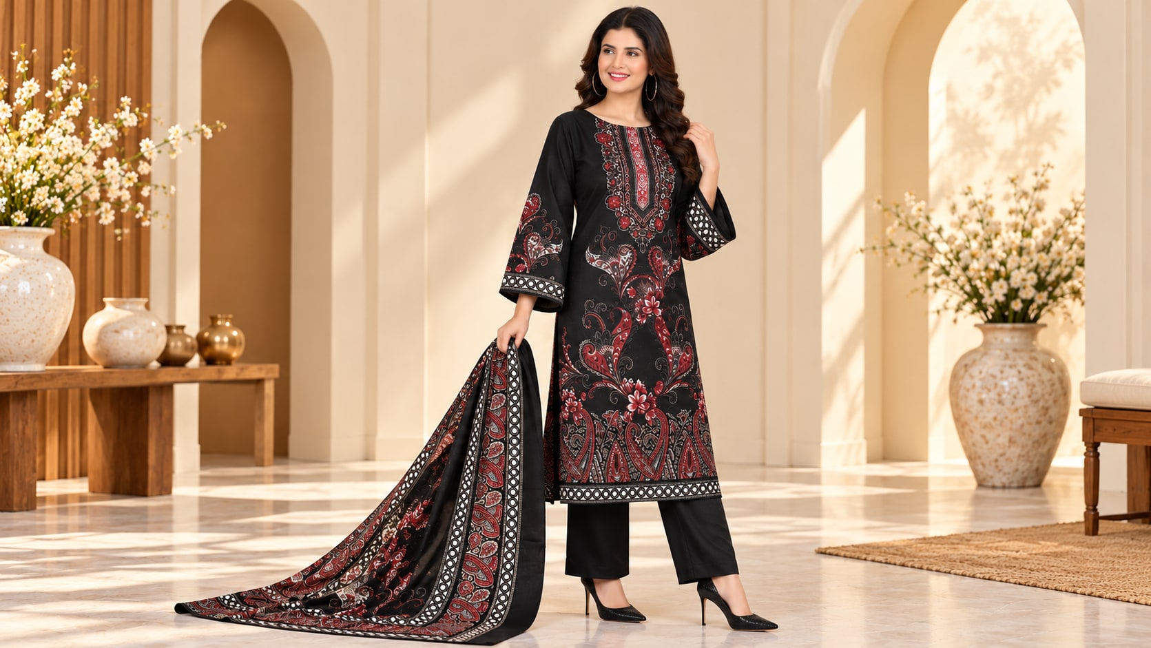 Model wearing the Elegant Black & Maroon Floral Printed Salwar Suit