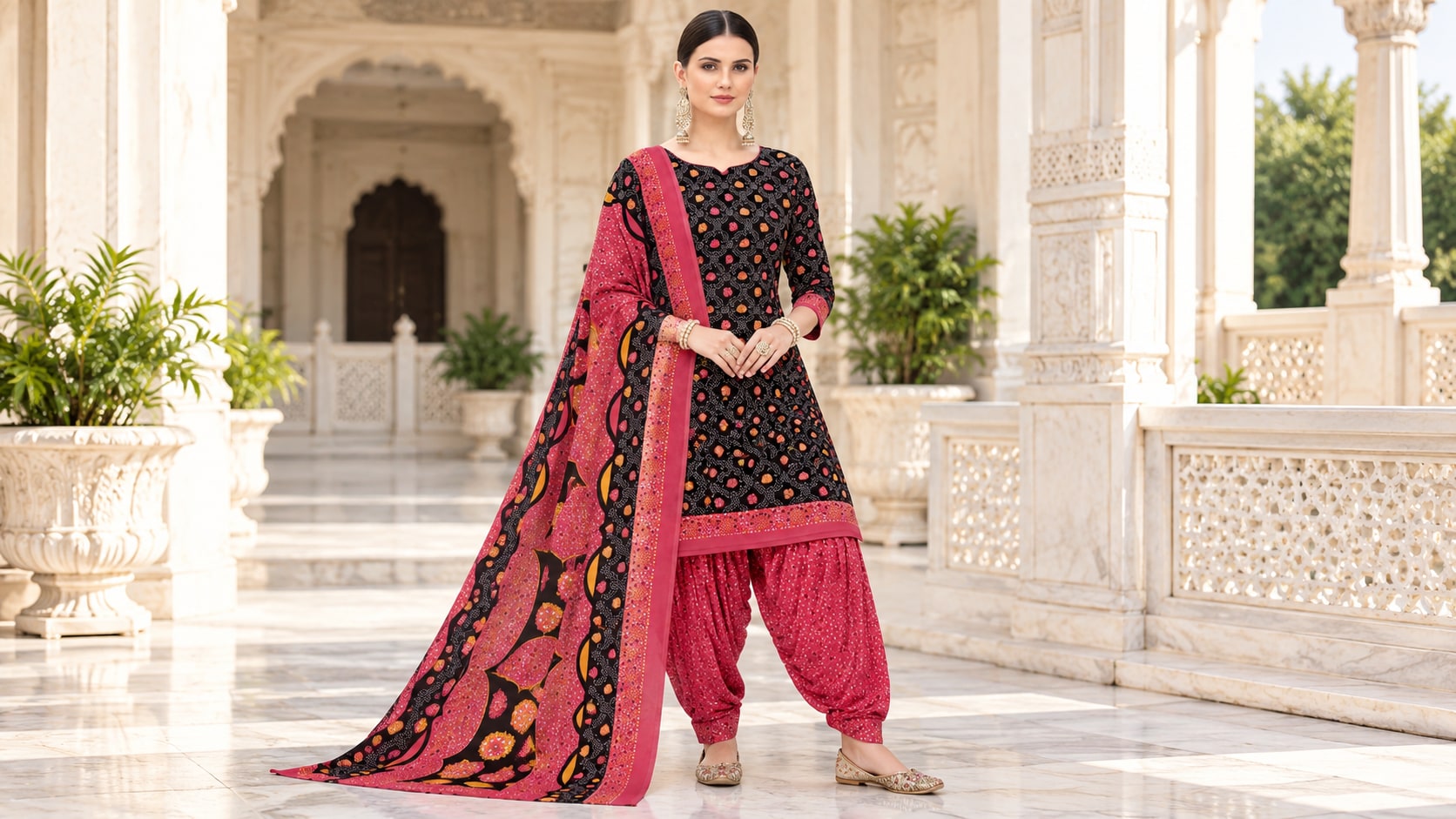 Model wearing the Elegant Black & Rani Pink Printed Patiala Suit with Dupatta