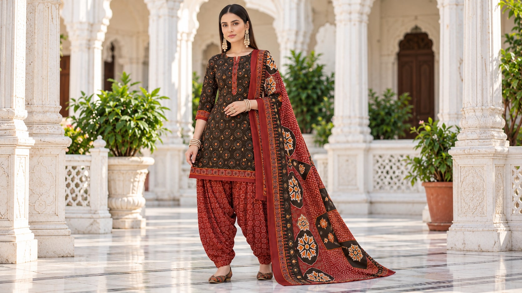 Model wearing the Elegant Black-Brown Printed Patiala Suit with Rust Maroon Dupatta