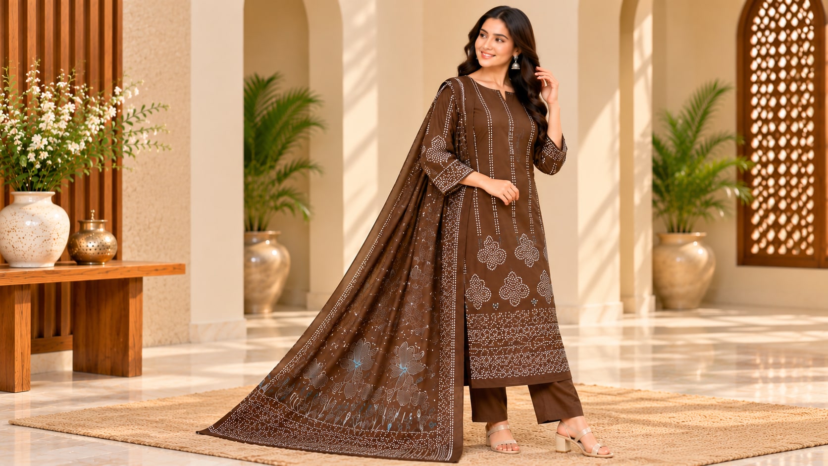 Model wearing the Elegant Chocolate Brown Printed Salwar Suit with Dupatta
