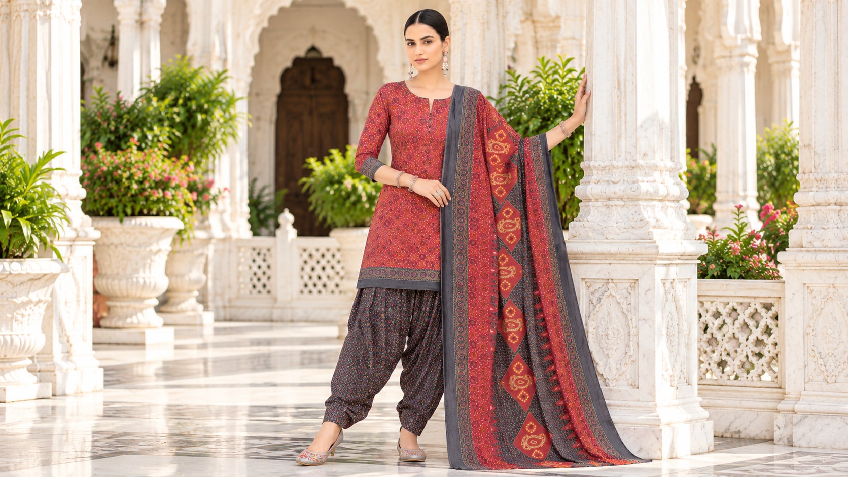 Model wearing the Elegant Maroon Printed Patiala Suit with Charcoal Grey Dupatta
