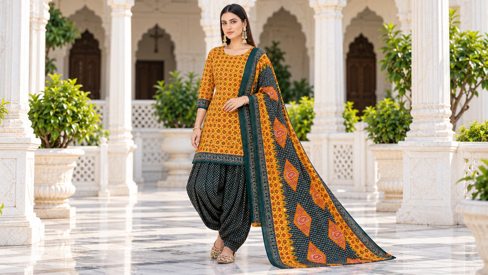 Model wearing the Elegant Mustard Yellow Printed Patiala Suit with Dark Green Dupatta