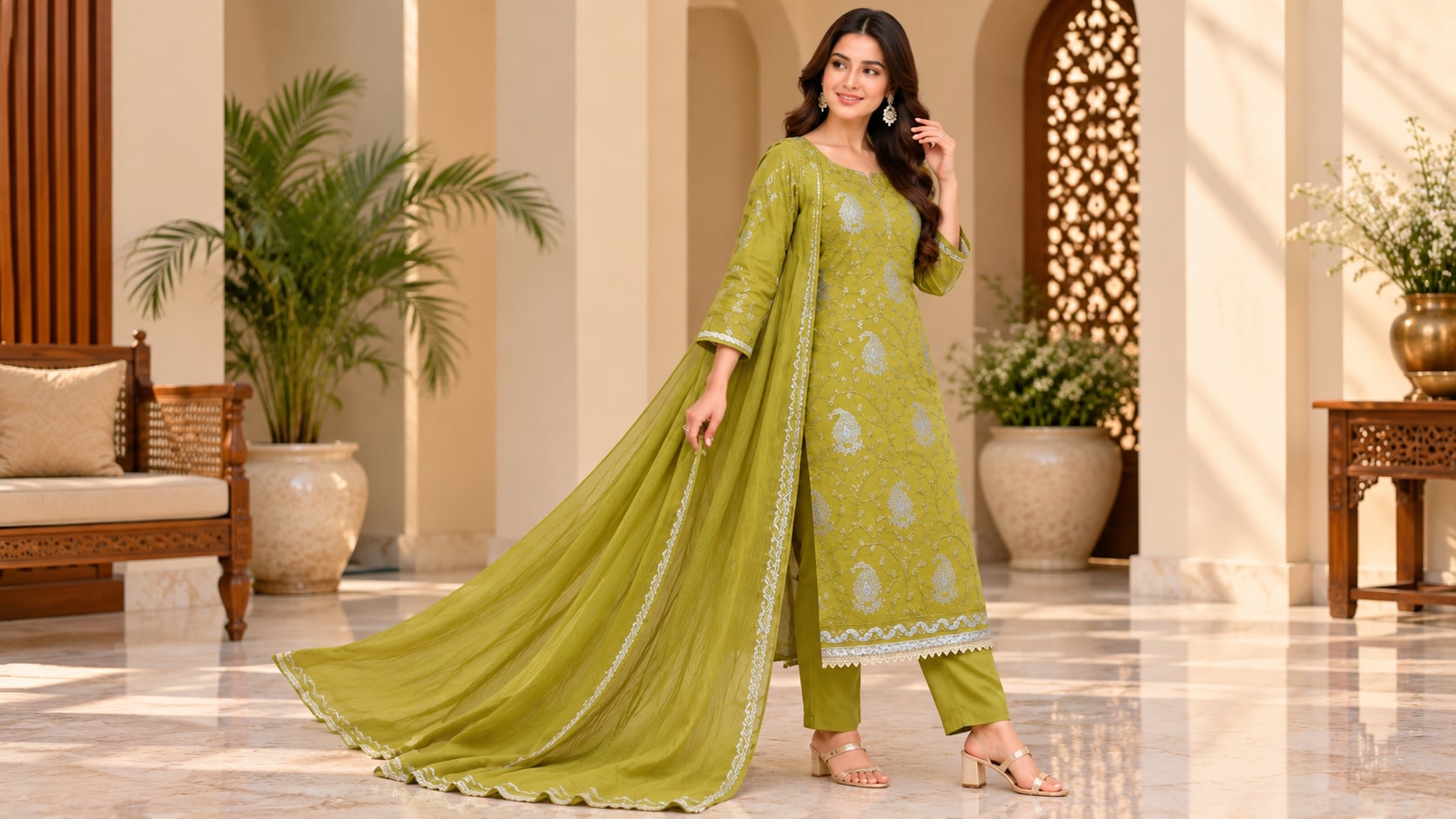 Model wearing the Elegant Olive Green Embroidered Salwar Suit with Dupatta
