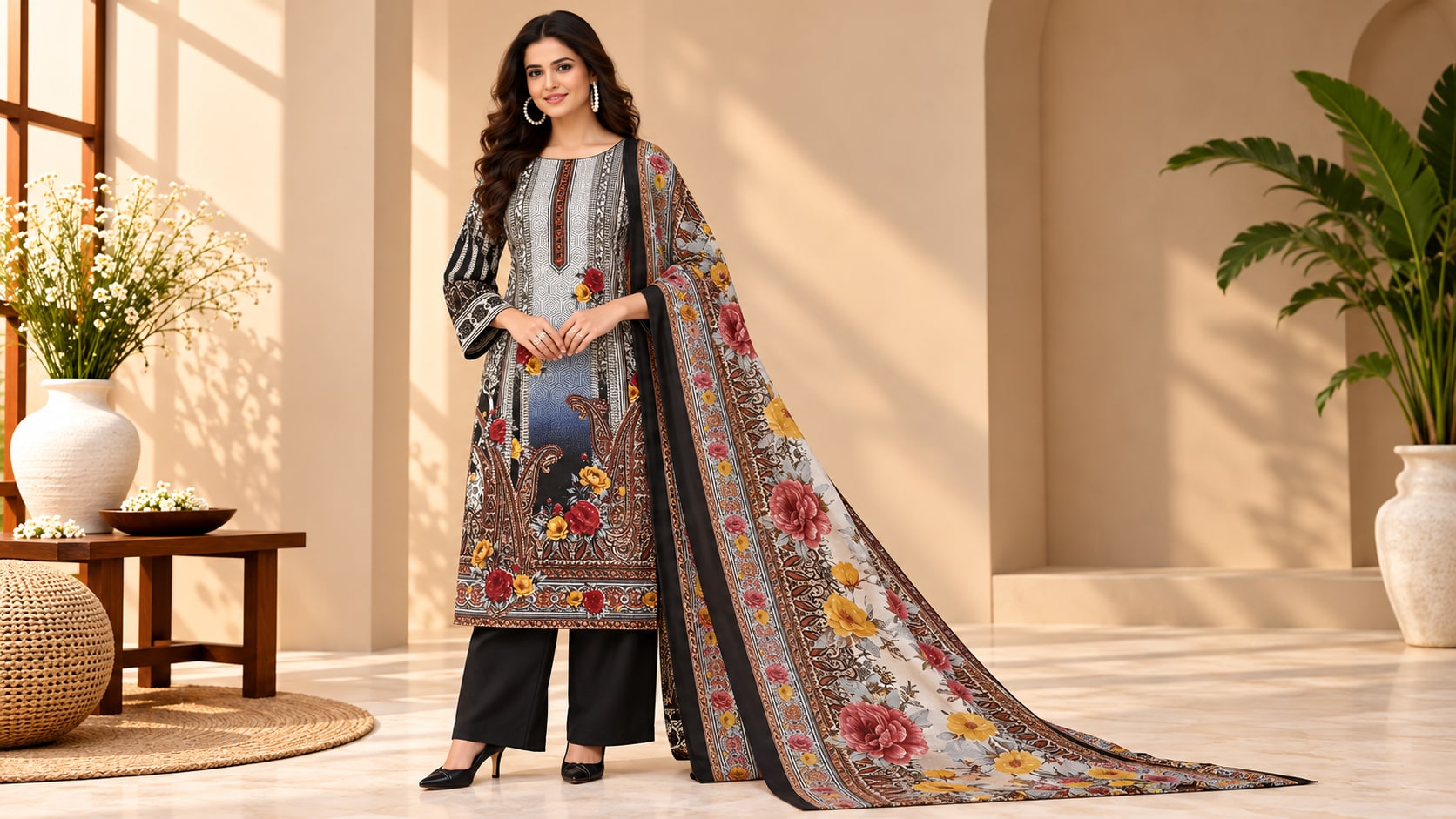 Model wearing the Grey Blossom Multicolour Floral Printed Suit Set