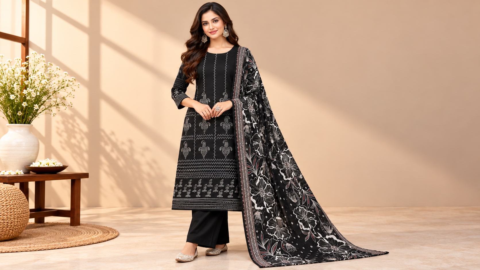 Model wearing the Midnight Charm Black Floral Printed Suit Set